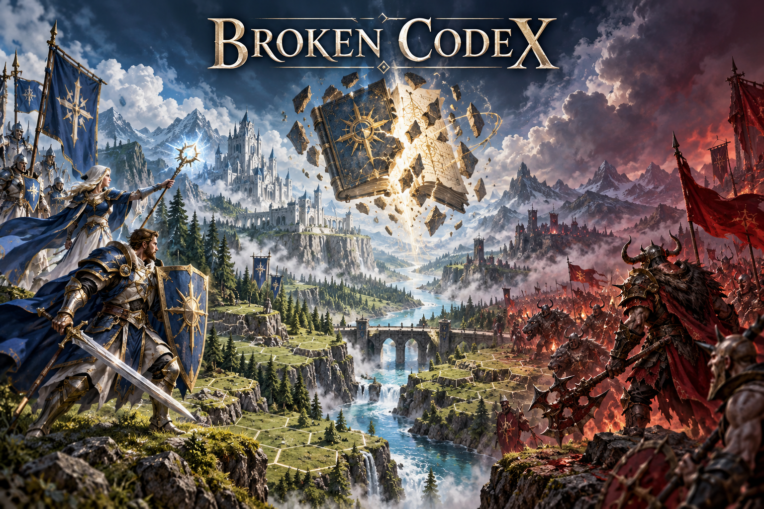 Arte conceitual de Broken Codex, com facções azul e vermelha frente a frente em um vale de fantasia