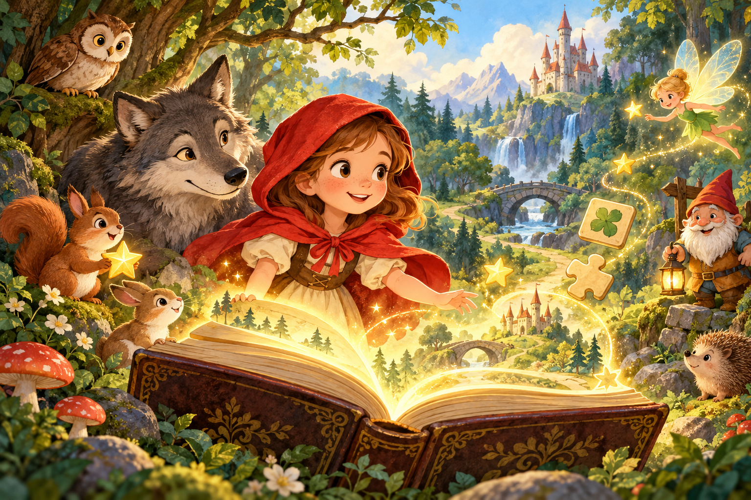 Arte promocional de Era uma vez: uma menina de capa vermelha em uma floresta encantada, com personagens e elementos de jogos